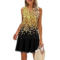 Crop Office Sexy Summer Blouse Women Sleeveless Stretch Print Frill Sundress Polyester Fit Crewneck Sundress for Women Gold