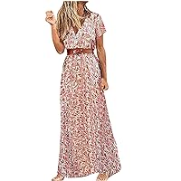 Summer Dress Women Summer Boho Floral Print Short Sleeve Dress with Belt Trendy V Neck Slim Long Dress Casual Dress