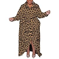 Womens Sexy Plus Size Long Sleeve Leopard Print Belted Split Hem Dress Loose Casual Long Dress
