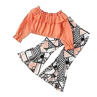Checker Pants Toddler Girls Outfit Long Sleeves Tops Denim Bell Bottom Prints Pants 2pcs Set Cute (Orange, 2-3 Years)