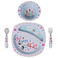 Disney Princess 4-Piece Toddler Dinnerware Set - Dishwasher Safe Bowl, Plate, Fork & Spoon - 4 Count