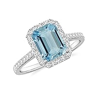 Natural Aquamarine Emerald Cut Ring with Diamonds for Women in Sterling Silver / 14K Solid Gold/Platinum