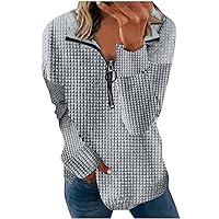 Women Waffle Knit Sweatshirt Long Sleeve 1/4 Zip Pullover Polo V Neck Dressy Casual Sweater Oversized Loose Jumper