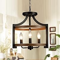 Farmhouse Semi Flush Mount Ceiling Light Fixture Convertible Rustic Pendant Hanging Light Chandelier for Kitchen Dining Room, Sand Black + Wood Style Finish, Hanging Chain Adjustable.