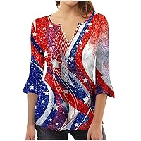 USA Flag Stars Stripes Tunic Tops Women Dressy Flowy Henley Neck Shirts 3/4 Bell Sleeve 4th of July Patriotic Blouse