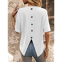 Women's T-Shirt Button Back Split Hem Drop Shoulder Tee T-Shirt for Women (Color : White, Size : Large)