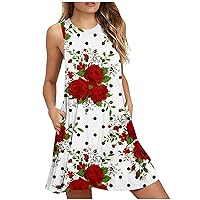 Women's Summer Dresses 2023 Fashion Casual Round Neck Printed Sleeveless Sexy Pocket Dresses