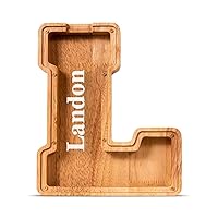 Customized Name Large Wooden Piggy Bank for Kids Boys Girls Alphabets Letter A-Z Coins Bills Money Change Bank Box Initial on Clear Cover (Laser Engraved) (Alphabet-L, Personalized-9