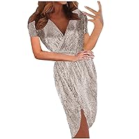 Sequin Dress for Women Party Night Sexy Wrap V Neck Bodycon Sparkling Dress Elegant Short Sleeve Evening Party Dress