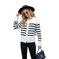 Women's 2023 Fall Winter Open Front Long Sleeve Cardigans Button Down Crew Neck Knitted Stripe Sweaters Outerwear