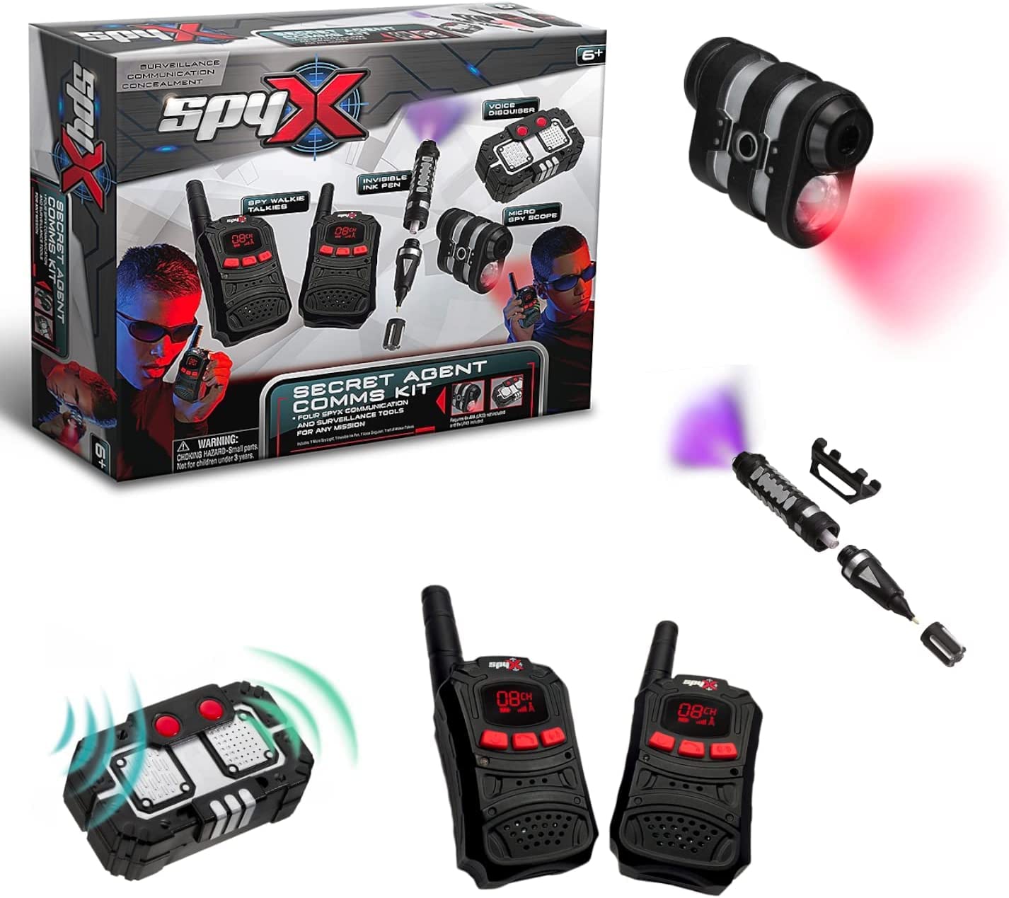 SpyX/Secret Agent Comms Kit - Includes Spy Toy Walkie-Talkie Pair/Micro Spy Scope/Invisible Ink Pen/Secret Voice Disguiser. 4 Communication & Surveillance Tools for Spy Kids