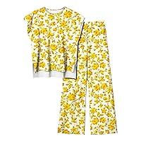 Plus Size 2 Piece Outfits Women Summer Flower Print Sets Cap Sleeve Hi-Lo Split Hem Tops Wide Leg Pants Loungewear