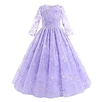 Flower Girls Long Lace Bridesmaid Dress 3/4 Sleeves Floor Length Wedding Party Evening Formal Pegeant Maxi Tulle Ball Gowns