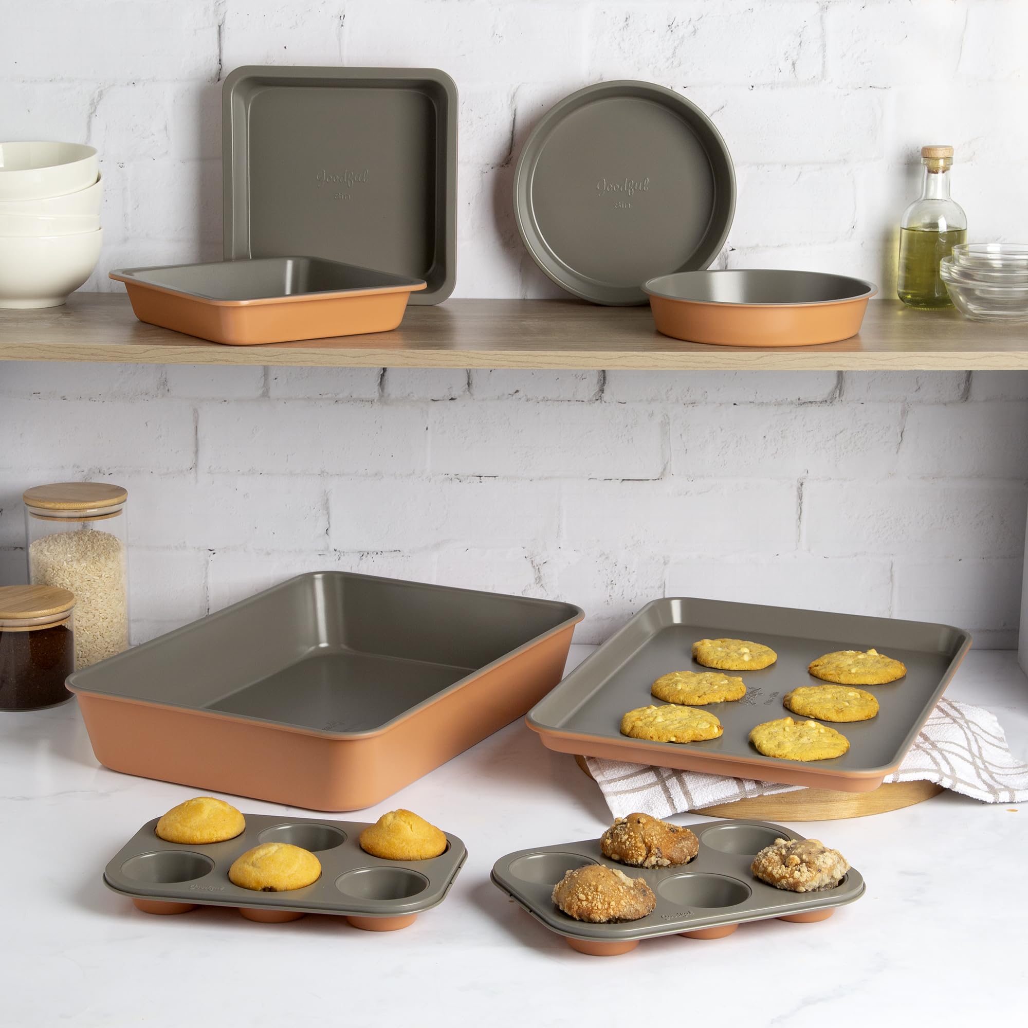 Goodful All-In-One Nonstick Bakeware Set, Stackable and Space Saving Design includes Round and Square Pans, Muffin Pans, Cookie Sheet and Roaster, Dishwasher Safe, 8-Piece, Terracotta