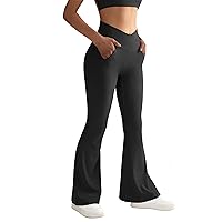 SUUKSESS Women Ribbed Crossover Flare Leggings V Back Yoga Pants with Pockets