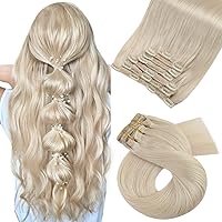 Moresoo Bundle Clip+Sew in Blonde Hair Extensions 22 Inch Remy Human Hair Color #60A White Blonde (120g+100g) Full Head Hair Extensions