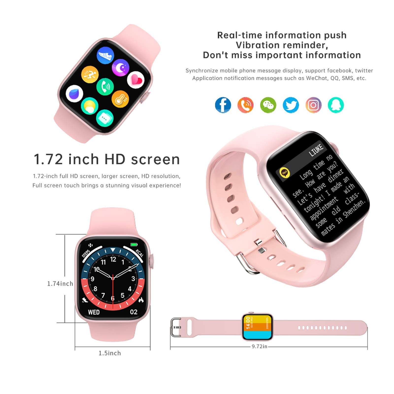 Kimnix Smart Watch (Answer/Make Calls), 2022 1.72 in Bluetooth Smart Watches for Women Android Phones Full Metal Aluminum Body Fitness Tracker with Call/Text/Heart Rate/SpO2/Sleep Monitor, Pink