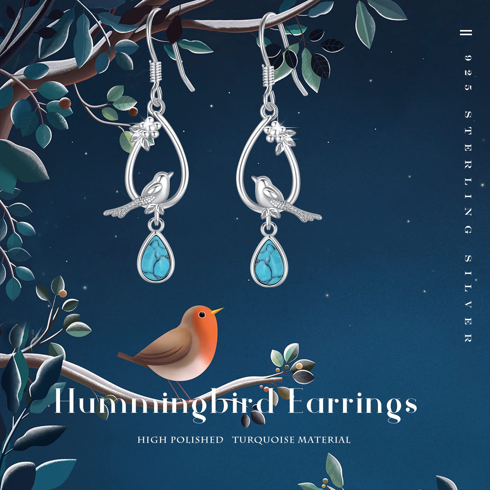 AOVEAO Hummingbird Earrings 925 Sterling Silver Turquoise Birds Drop Dangle Earrings Birds Teardrop Hook Earrings Turquoise Jewelry Gift for Women Girls