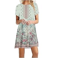 Short Sleeve Crew Neck T Shirt Dress for Women Vintage Ethnic Style Floral Dress Summer Casual Swing Mini Tunic Tshirt Dress