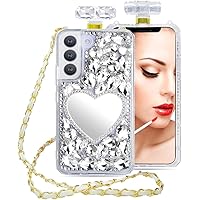 Clear Diamond Phone Case for Samsung Galaxy S24 S23 S22 S21 Ultra Plus FE Perfume Bottle TPU Cover with Mirror and Crossbody Long Leather Lanyard (Clear, Galaxy S24 Ultra)