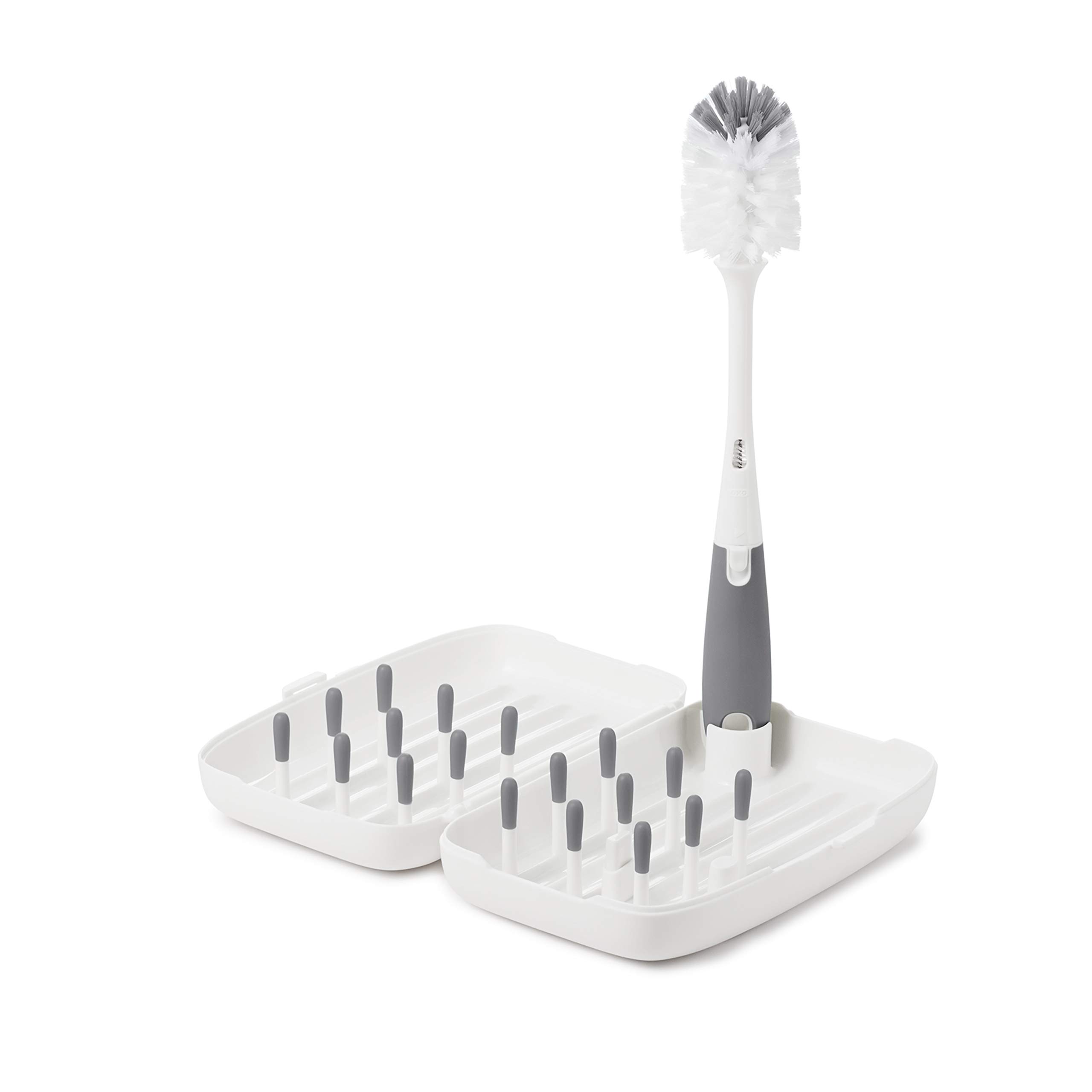 OXO Tot Bottle Brush with Nipple Cleaner and Stand – Gray, 2-Pack & Tot Travel Size Drying Rack with Bottle Brush- Gray