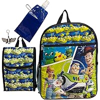 Toy Story Large Backpack 5 Pc Set W/ Lunch Box, Keychain, Collapsible Water Bottle, & carabiner Metal Clip (Black-Blue)