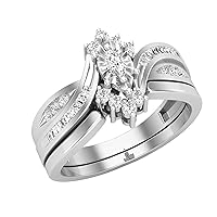 4x2mm Marquise, Baguette & Round White Diamond Illusion Set Bypass Wedding Ring Set (0.35 ctw, Color I-J, Clarity I2-I3) in 925 Sterling Silver Size 9