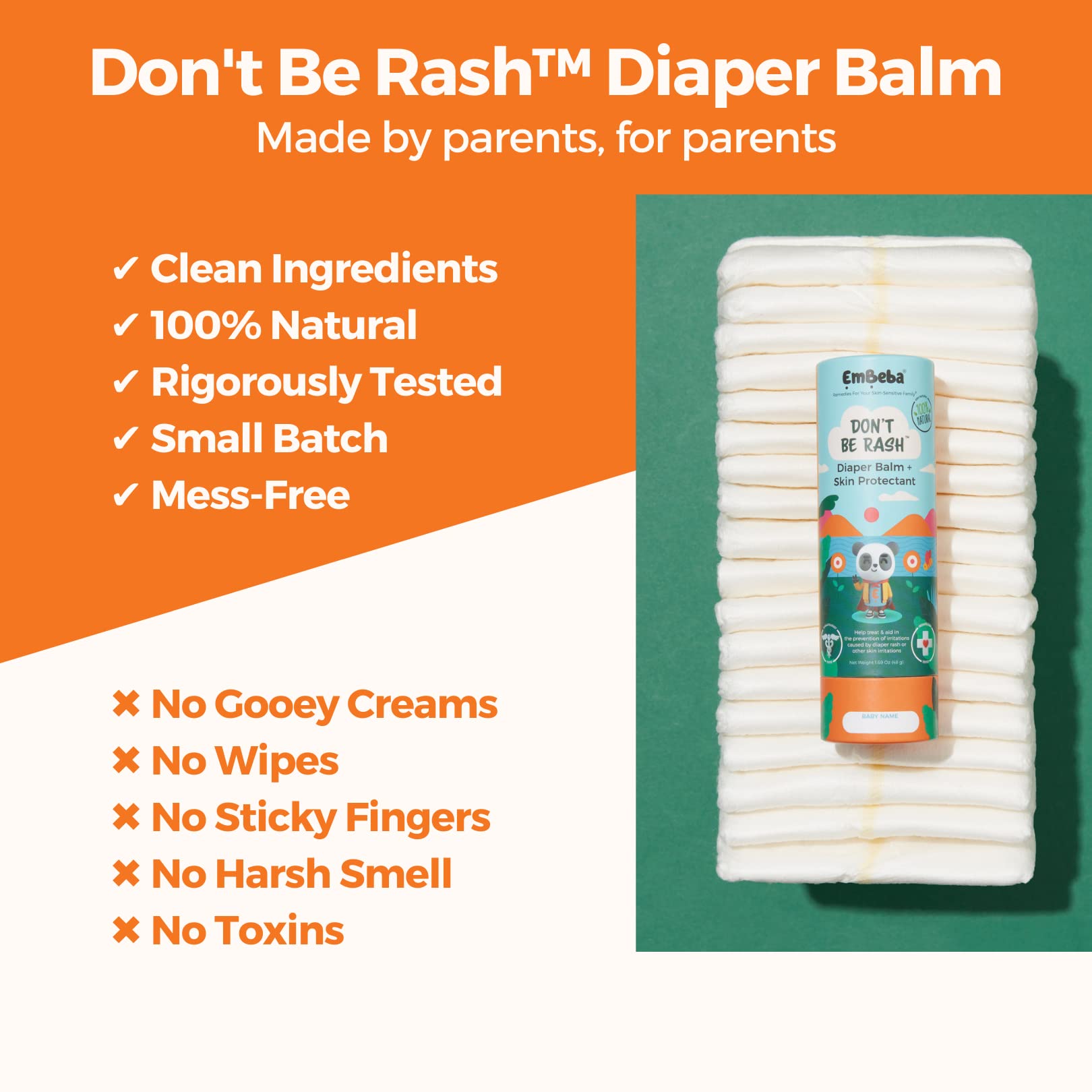 EmBeba Natural Diaper Rash Cream for Baby with Sensitive Skin | Travel Friendly Baby Rash Ointment with Built-in Diaper Balm Stick Roll-On Applicator, All Over Herbal Skin Care, 1 Pack