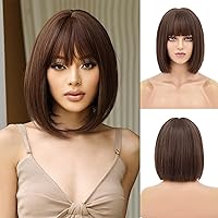 NAYOO Brown Bob Wig with Bangs, 12 Inch Brown Wigs for Women, Natural Short Brown Wig with Bangs, Super Soft Straight Bob Wig, Colorful Synthetic Wig for Daily Use, Cosplay, Halloween(Dark Brown)