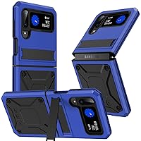 Samsung Z Flip 4 3 Metal Bumper Silicone Case with Stand Hybrid Military Shockproof Heavy Duty Rugged case with Screen Protector Cover for Samsung Z Flip 4 (Blue)
