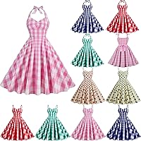 Women's 50s Vintage Plaid Dress 1950s Halter Retro Cocktail Party Dress Polka Dress Sweetheart Neck Cami Check Dresses