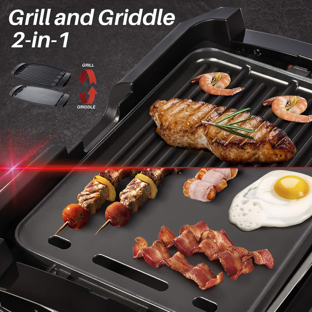 Secura Smokeless Indoor Grill 1800-Watt Electric Griddle with Reversible 2 in 1 Grill and Griddle Plates Plate, Glass Lid, Extra Large Drip Tray (Dishwasher Safe)
