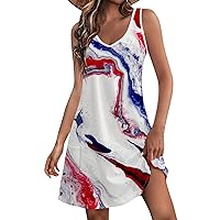 American Flag Womens Apparel 4th of July Dress Women 2024 American Print Vintage Fashion Casual with Sleeveless Round Neck Sundresses White 3X-Large