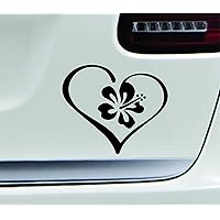 Heart with Hibiscus Flower Love Hawaii Shaka Aloha Symbol Decal Family Love Car Truck Sticker Window (Black)