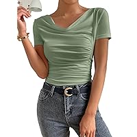 SOLY HUX Women's Cowl Neck Ruched Short Sleeve T Shirt Summer Solid Tee Tops
