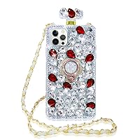 Losin Perfume Bottle Case Compatible with iPhone 14 Pro Max Luxury Bling Glitter Diamond Gemstone Cover 3D Shiny Sparkly Rhinestones Ring Stand Kickstand with Fashion Crossbody Lanyard for Women Girls