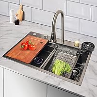 Kitchen Sinks Waterfall Kitchen Sink Set 304 Stainless Steel Nano Sink Home Sink Vegetable Basin with Pull-Out Faucet,Add Pressurized Sink Glass Rinser