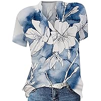 Women's Blouses Pullover Round Neck Loose Print Button Shirt Casual Versatile Top Short Sleeve Blouses, S-2XL