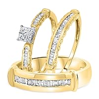 14K Yellow Gold Fn His/Her Wedding Trio Ring Set 3/8Ct Princess/Baguette Sim Diamond