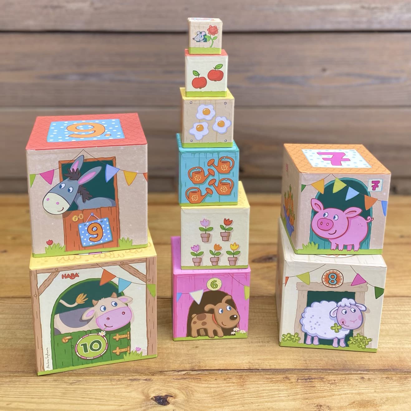 HABA On the Farm Sturdy Cardboard Nesting & Stacking Cubes - Reinforcing Numbers 1 to 10