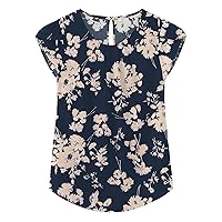 Women's Casual Crewneck Basic Pleated Tops Cap Sleeve Curved Keyhole Back Chiffon Blouse Floral Print Tshirt