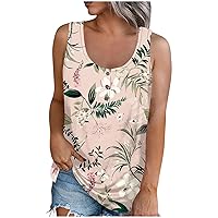 Womens Tank Tops Summer，Womens Plus Size Cute Printed Sleeveless Button U Neck Shirt Loose Fit Henley Shirts Tanks