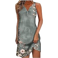 2024 Womens Cute Floral Mini Dress Button V Neck Casual Sundress Summer Vacation Sleeveless Henley Shirt Dresses