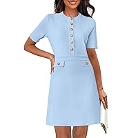 MEROKEETY Women's Ribbed Knit Bodycon Dress Button Short Sleeve Crew Neck Elegant Formal Mini Dress