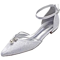 Womens Pointed Toe Wedding Shoes Ankle Strap Flats Low Heel Pumps with Pearls Lace Bride Dress White US 8.5