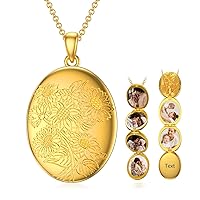 SOULMEET 10K 14K 18K Solid Gold/Plated Gold Oval Locket That Holds Multi Pictures Personalized Oval Sunflower/Starburst/Rose Locket Necklace Gift
