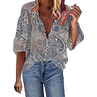 Womens Button Down Shirt Vintage Print 3/4 Sleeve V Neck Collar Button Up Shirts Oversized Balloon Sleeve Blouses Top