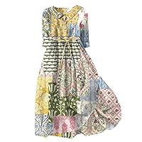 Womens Summer Dresses Boho Floral Lapel Neck Button Casual A-Line Lace-Up Dress Vacation Beach Flowy Long Dress