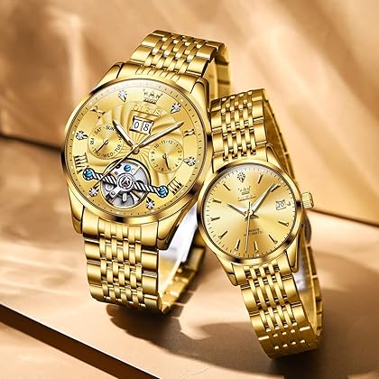 OLEVS Couple Pair Watches Set Automatic Mechanical Self Winding Dress Matching Watch for His and Hers Valentines Day Gifts