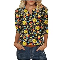 Womens 3/4 Sleeve Tops Trendy Casual Summer Cute Floral Print Round Neck Button T Shirts Fashion 2023 Loose Blouses